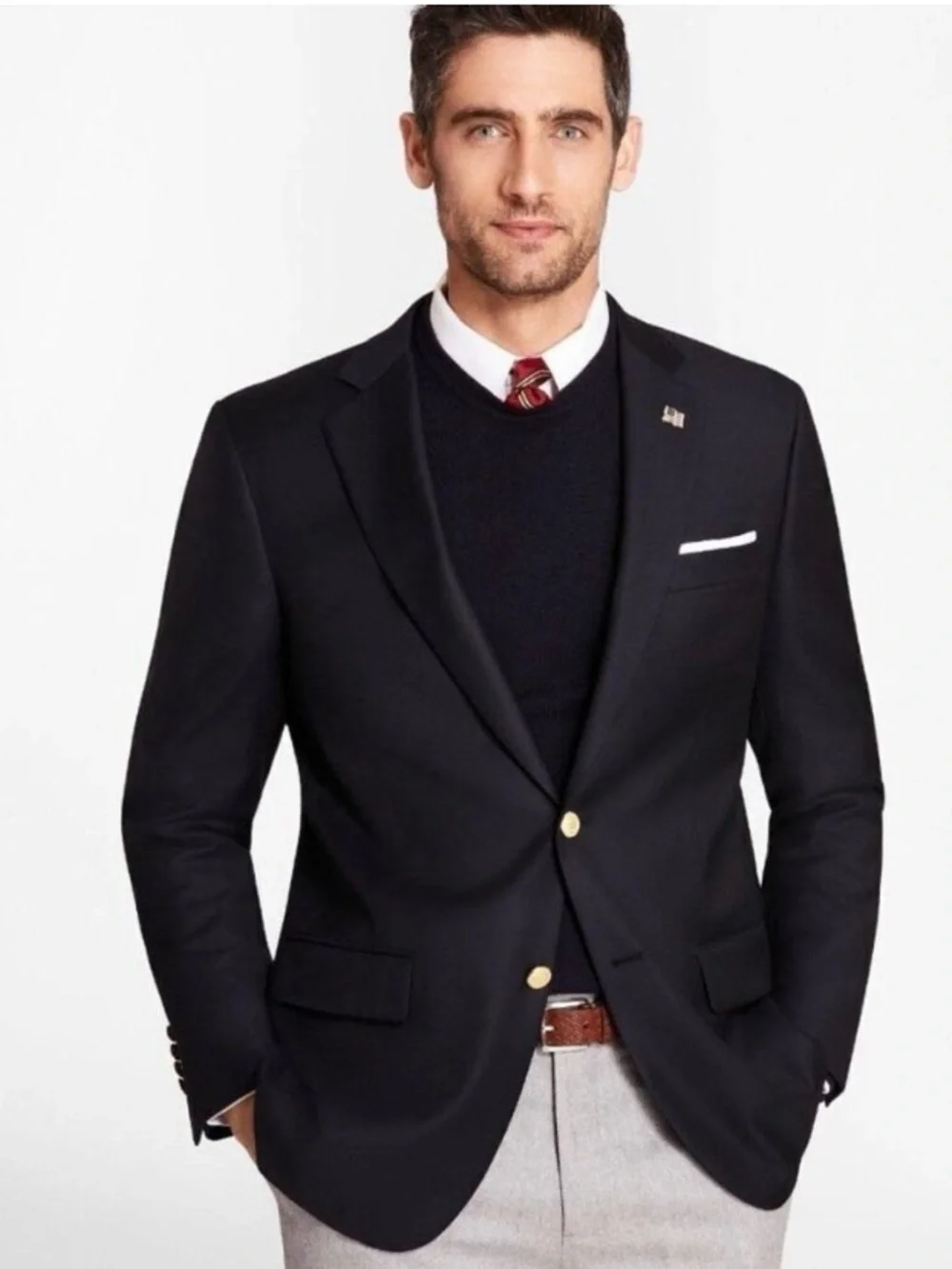 BROOKS BROTHERS Madison SaxXon Wool Navy Blazer Sport Coat 46L Gold Button